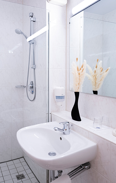 Badezimmer mit Dusche und Waschbecken